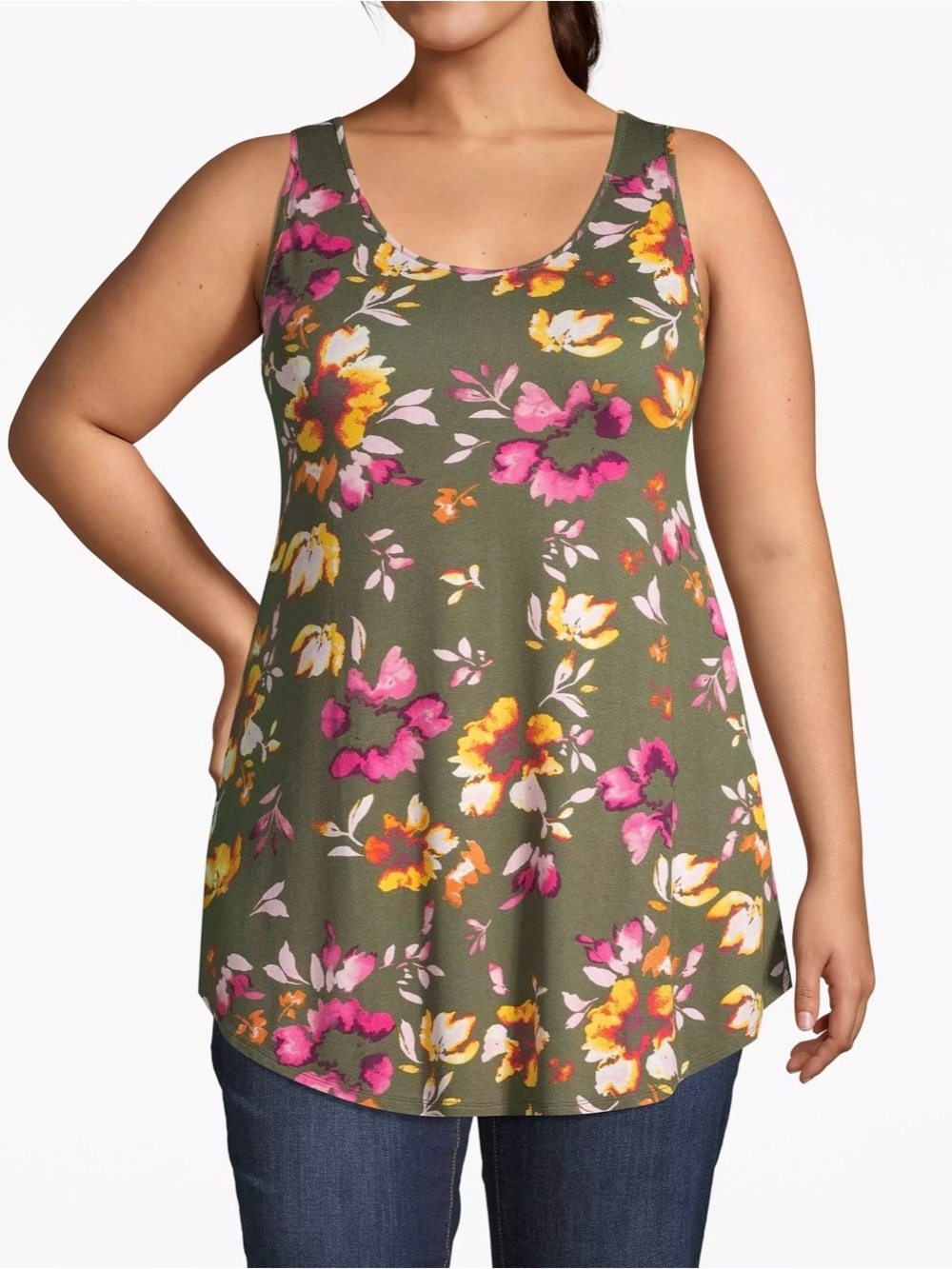 Lane Bryant Olive Floral Scoop Neck Tank with Pink & Yellow Blooms